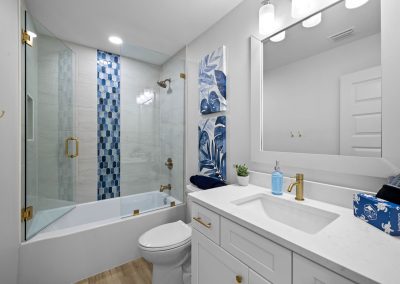 Blue Lagoon, shower and bathtub combo in bathroom